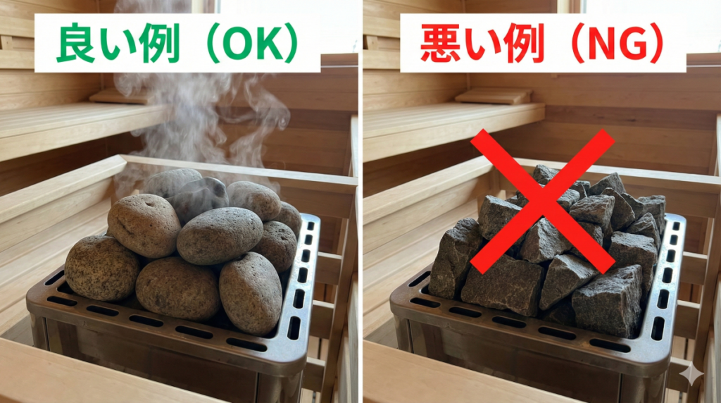 サウナストーンの積み方の良い例と悪い例の比較写真。左側（良い例）は石の間に隙間があり空気が通る様子、右側（悪い例）は隙間なくぎっしりと詰め込まれている様子。