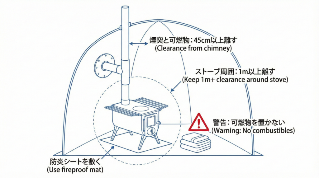 テントサウナにおける薪ストーブの安全な設置距離を示した図解。ストーブ本体や煙突から、テントの壁や周囲の可燃物まで確保すべき具体的な距離の目安が示されている。