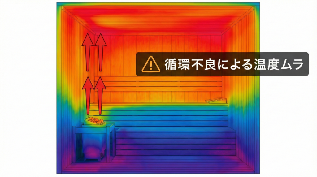 換気が悪く空気循環が滞っているサウナ室の温度分布図。天井付近だけが高温（赤色）になり、足元は低温（青色）のまま冷えている状態がサーモグラフィー風に描かれている。