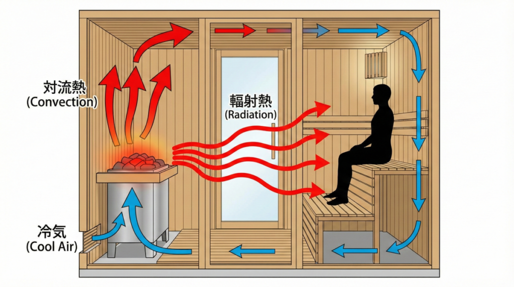サウナ室内での熱の伝わり方を示す図解。ストーブから直接放射される輻射熱の波と、温められた空気が室内を循環する対流熱の矢印が色分けして示されている。
