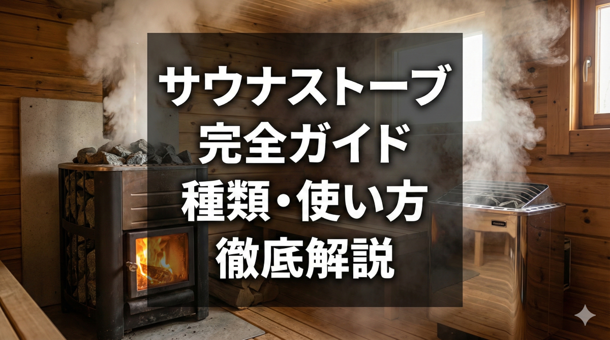 ロウリュの蒸気が上がる薪ストーブと電気ストーブの写真。中央に「サウナストーブ 完全ガイド 種類・使い方 徹底解説」という白い文字が暗い背景の上に大きく表示されている。初心者向けのサウナストーブ解説記事のアイキャッチ画像。
