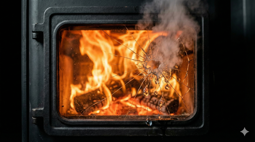 薪ストーブの熱いガラス窓に水がかかり、熱衝撃でクモの巣状の大きなヒビが入る瞬間のクローズアップ写真。