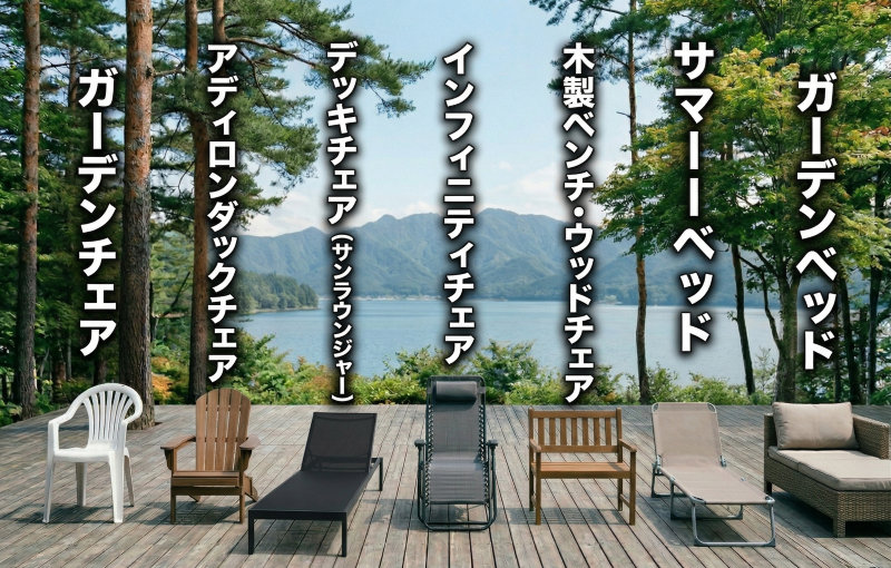 森と湖を望むウッドデッキに、ガーデンチェア、アディロンダックチェア、デッキチェア、インフィニティチェア、木製チェア、サマーベッド、ガーデンベッドの7種類が並んでいる。それぞれの椅子の近くには、正しい名称と特徴が大きく太い白文字で、半透明の暗いオーバーレイの上に3〜4行で記載され、それぞれの違いを視覚的に解説している。