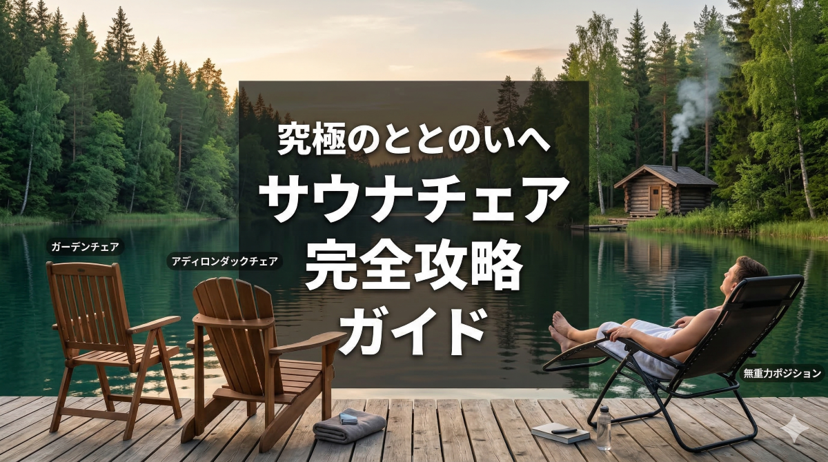 森と湖に囲まれた大自然のサウナ外気浴スポット。無重力ポジションに倒れたインフィニティチェアと、ガーデンチェア、アディロンダックチェアが並ぶ。中央には「究極のととのいへ サウナチェア 完全攻略 ガイド」という大きく太い文字が、半透明の暗い背景に配置されている。