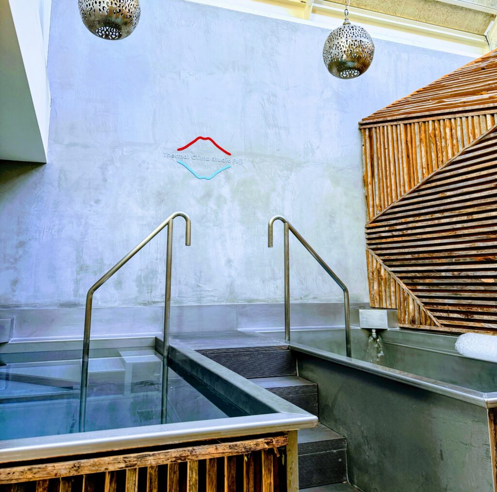 サーマルクライムスタジオ富士の屋内水浴エリア。グレーの壁面には赤と青のラインで描かれた富士山のロゴがあり、2つの浴槽と金属製の手すり、天井からは繊細な透かし彫りのペンダントライトが吊るされている。