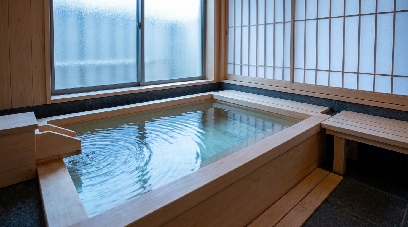 サウナ室・水風呂・外気浴という温冷交代浴のサイクルをイメージした落ち着いたサウナ空間