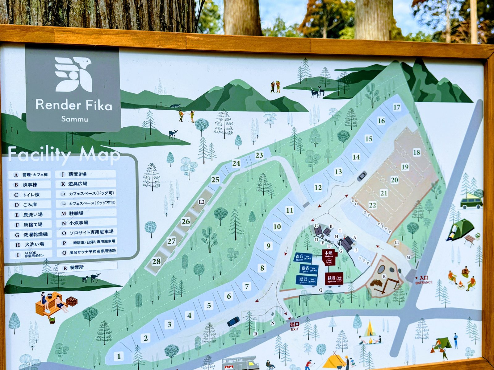 Render Fika Sammuの施設マップ看板。森の中にキャンプサイトや貸切サウナ・露天風呂の棟が配置されている