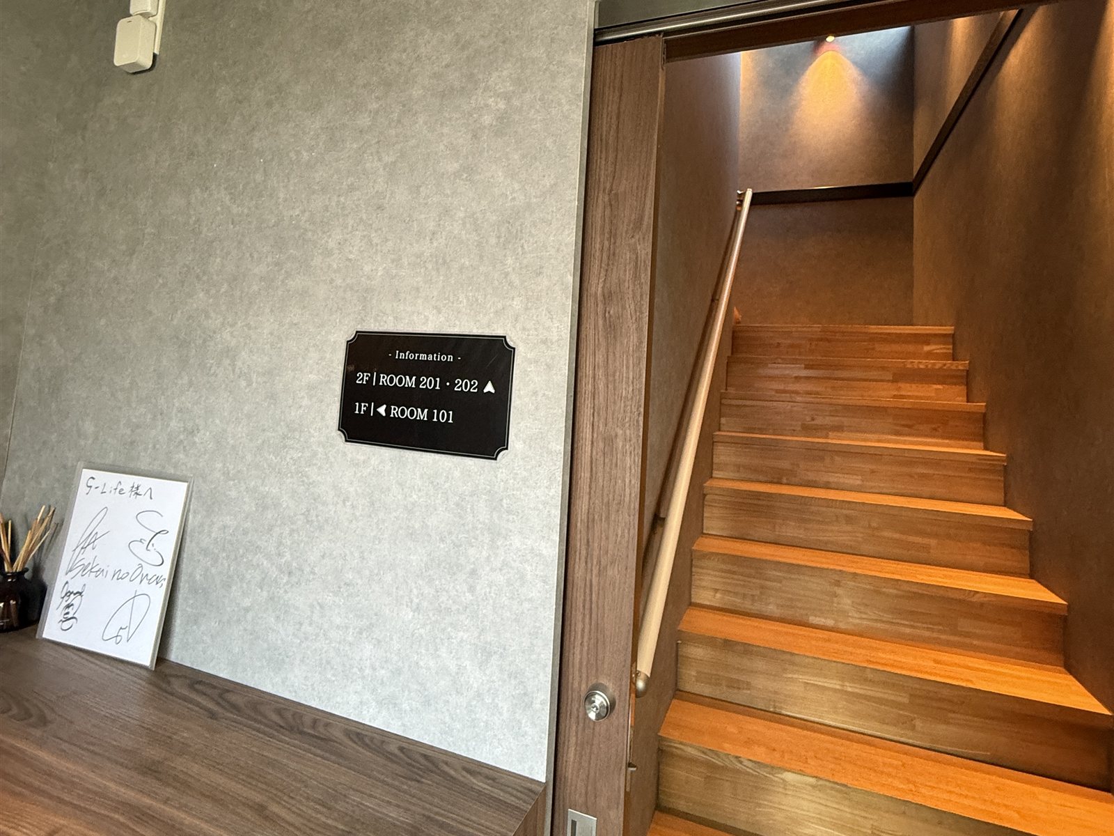 PRIVATE SAUNA S-LIFEの館内フロア案内。「2F ROOM 201・202／1F ROOM 101」と各部屋の場所が示されている